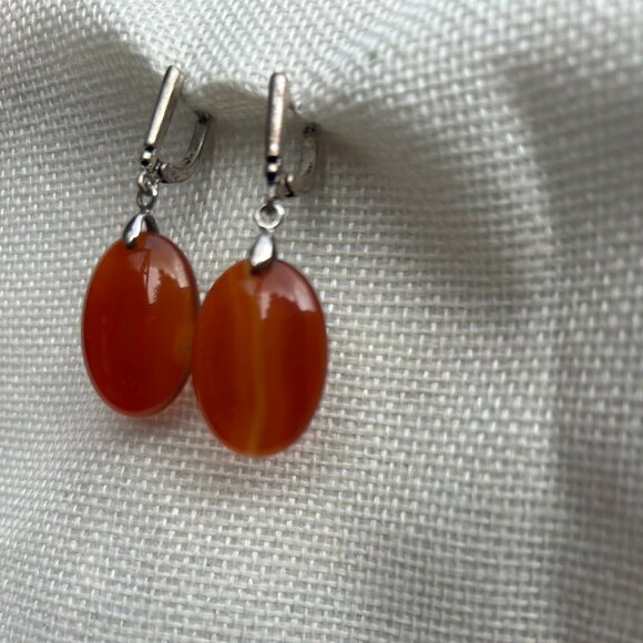 Vintage Carnelian Oval Drop Earrings Silver Tone Hook Dangle Jewelry Gift - Picture 3 of 3